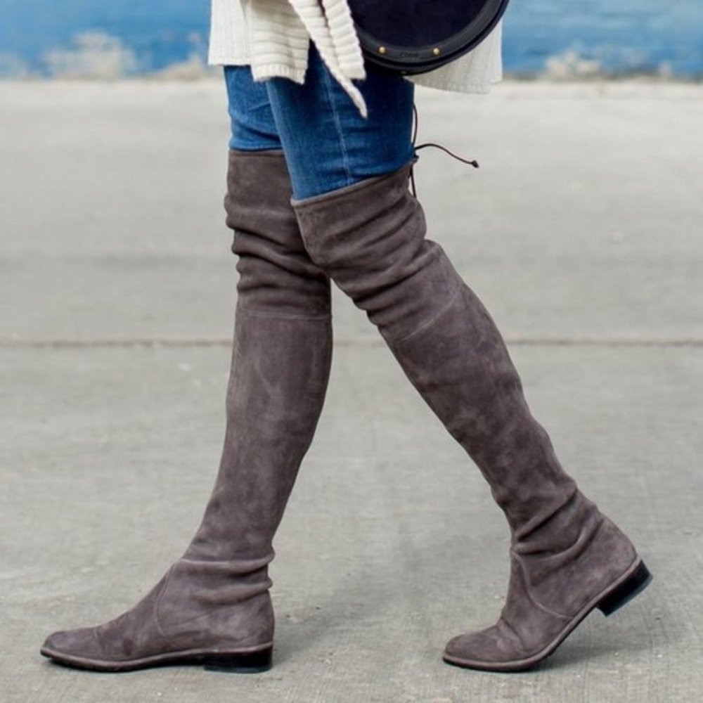 Stuart Weitzman Lowland Leather Over The Knee Boots Sz 8 Grey - Picture 2 of 11